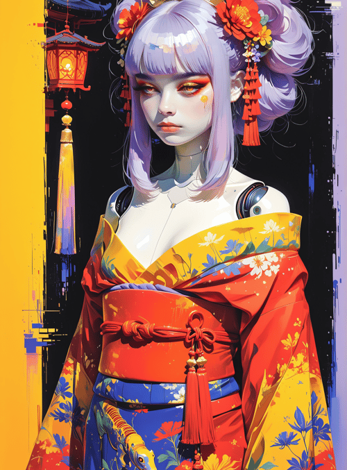 woman, robot, kimono, lantern, flowers, hairpins