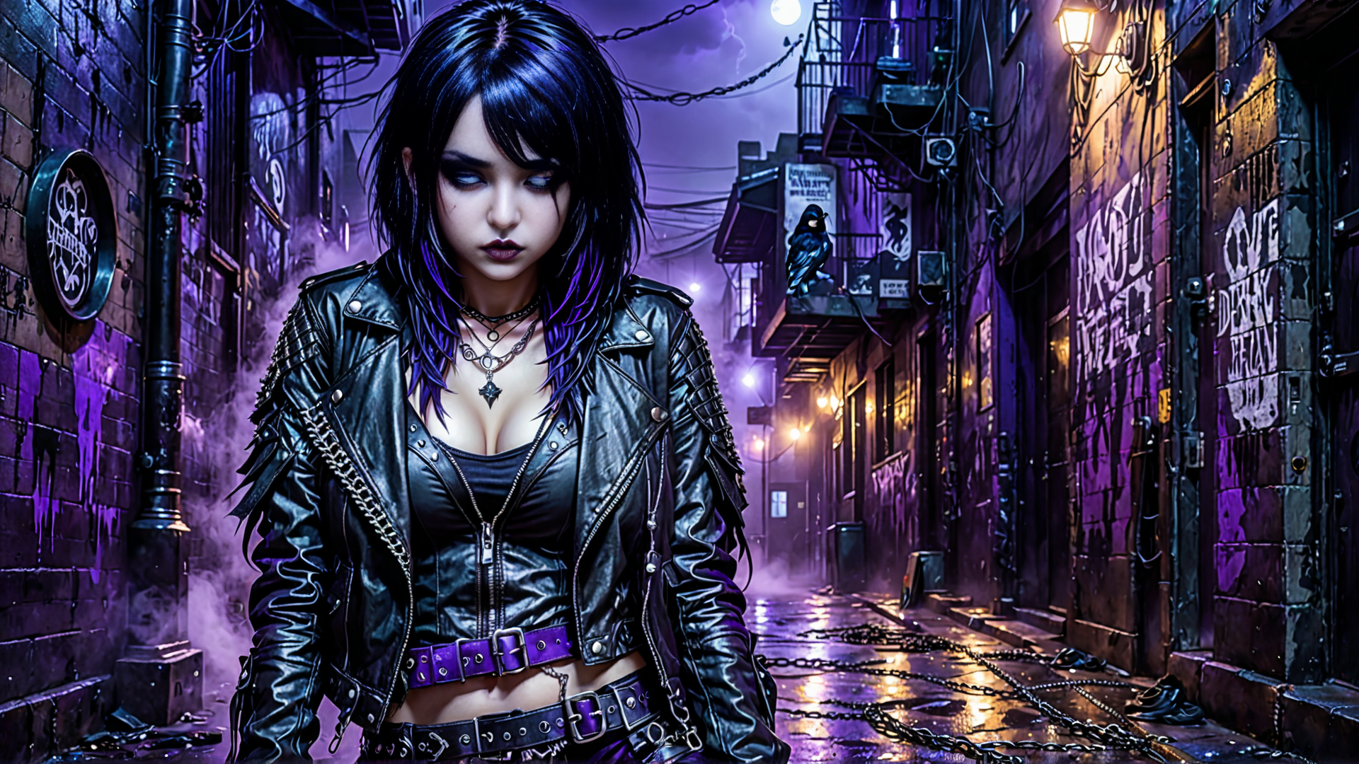 AI generated wallpaper featuring woman, alley, crow