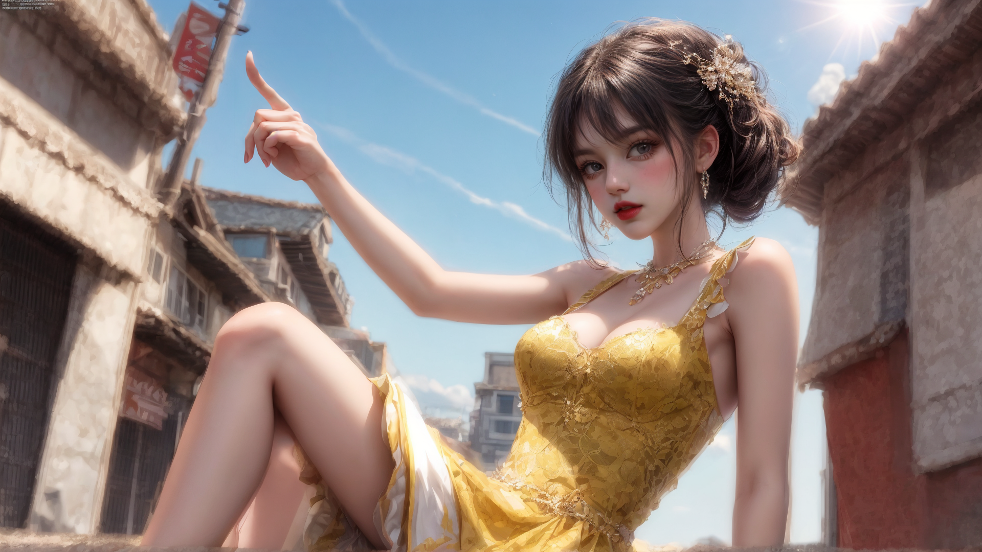 AI generated wallpaper featuring woman, dress, building