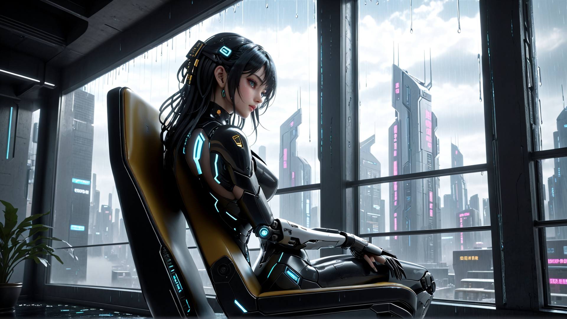 AI generated wallpaper featuring cyborg, woman, chair