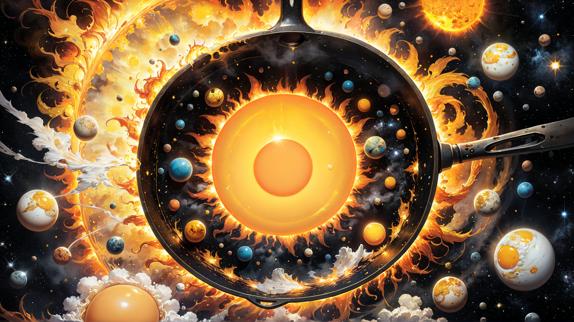 AI generated wallpaper featuring pan, egg, universe