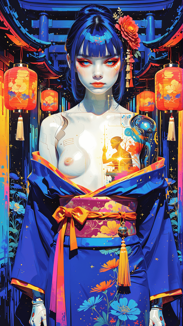 AI generated wallpaper featuring woman, robot, lanterns, flowers, kimono, gloves, building, rose