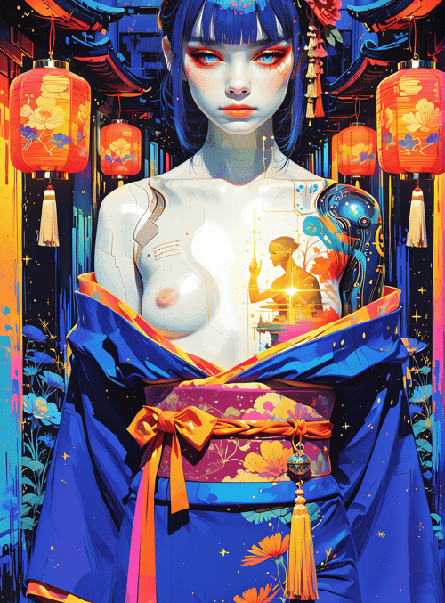 woman, robot, lanterns, flowers, kimono, gloves, building, rose