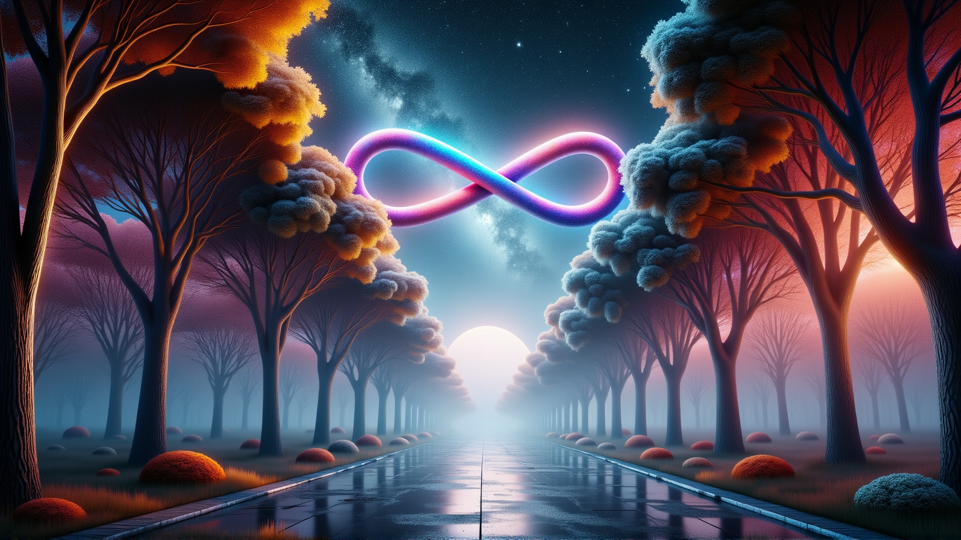 AI generated wallpaper featuring infinity symbol, forest, road