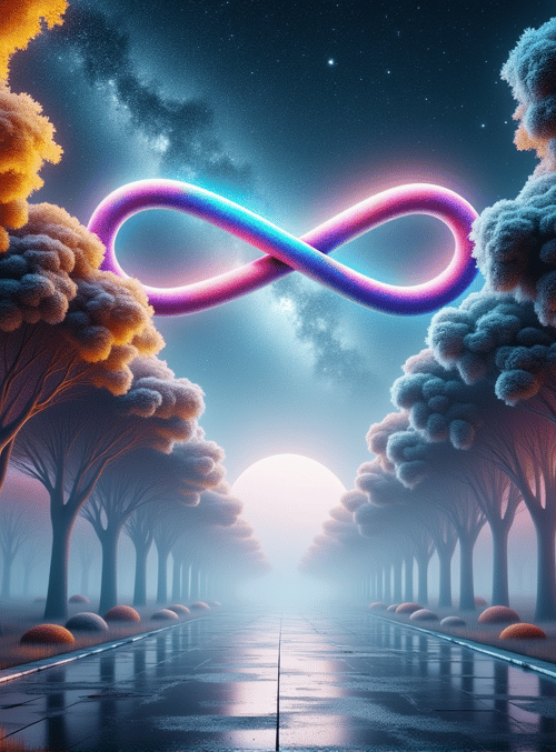 infinity symbol, forest, road