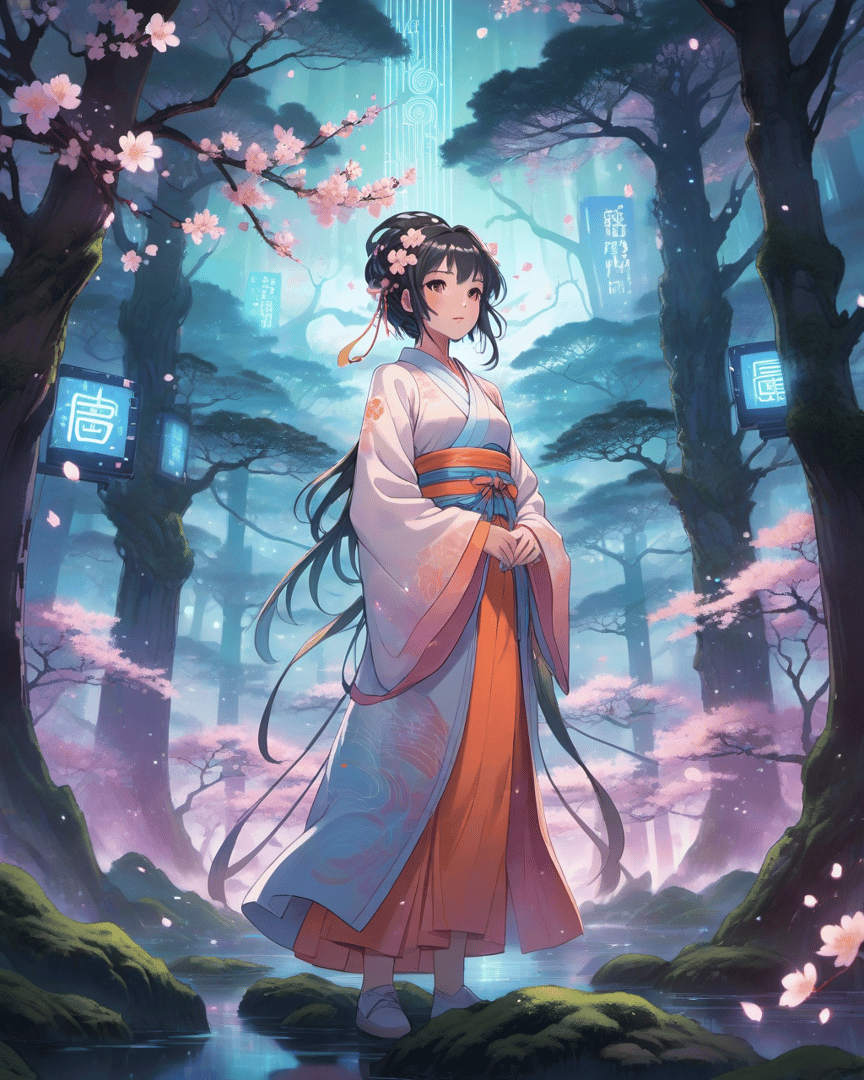 AI generated wallpaper featuring girl, cherry blossom, forest
