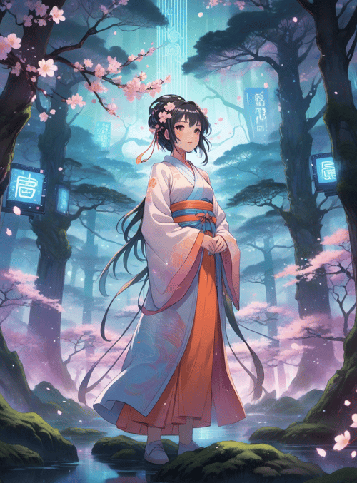 girl, cherry blossom, forest