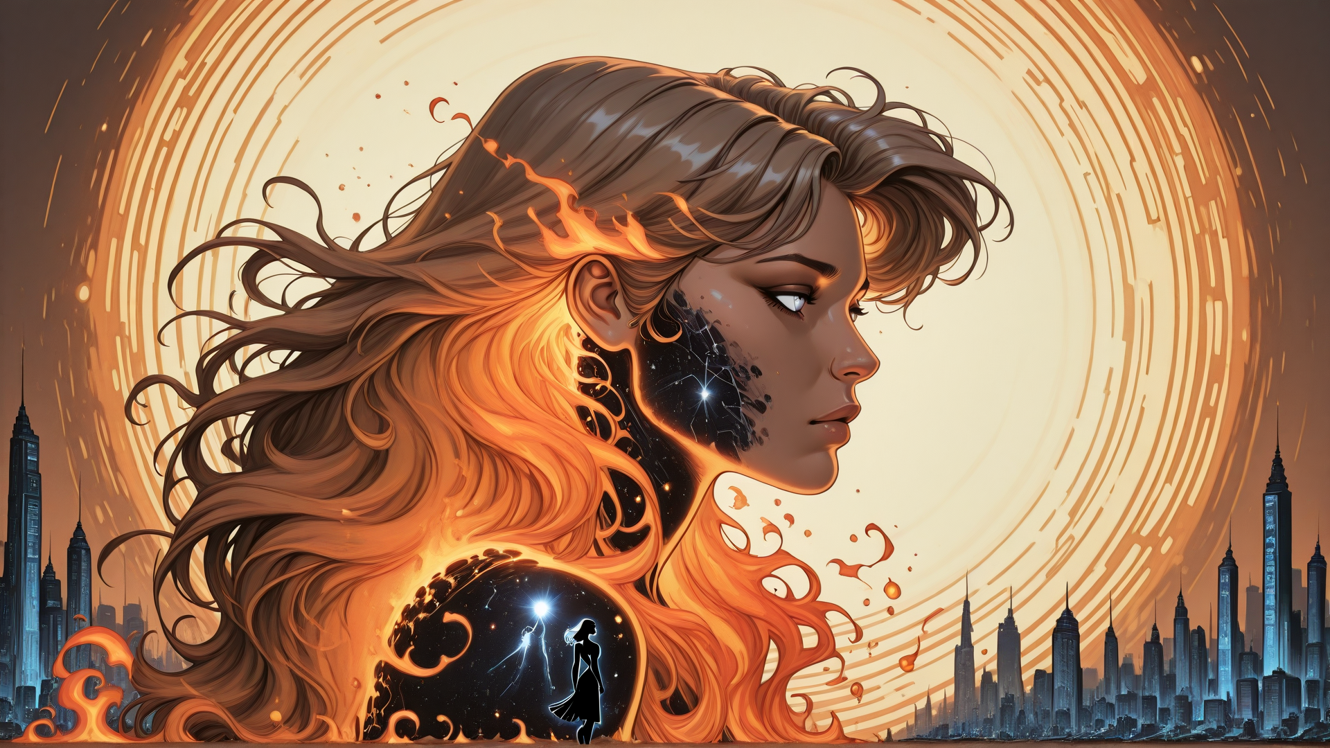 AI generated wallpaper featuring woman, hair, city, silhouette, stars