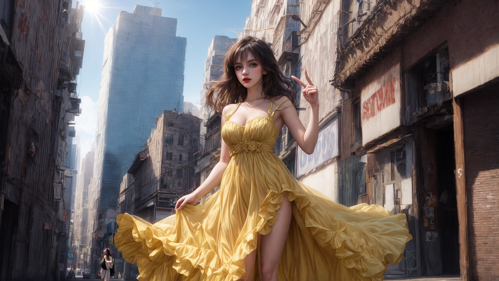 AI generated wallpaper featuring woman, dress, city