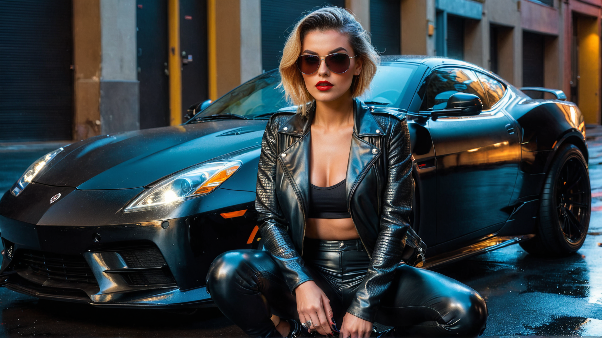 AI generated wallpaper featuring woman, car
