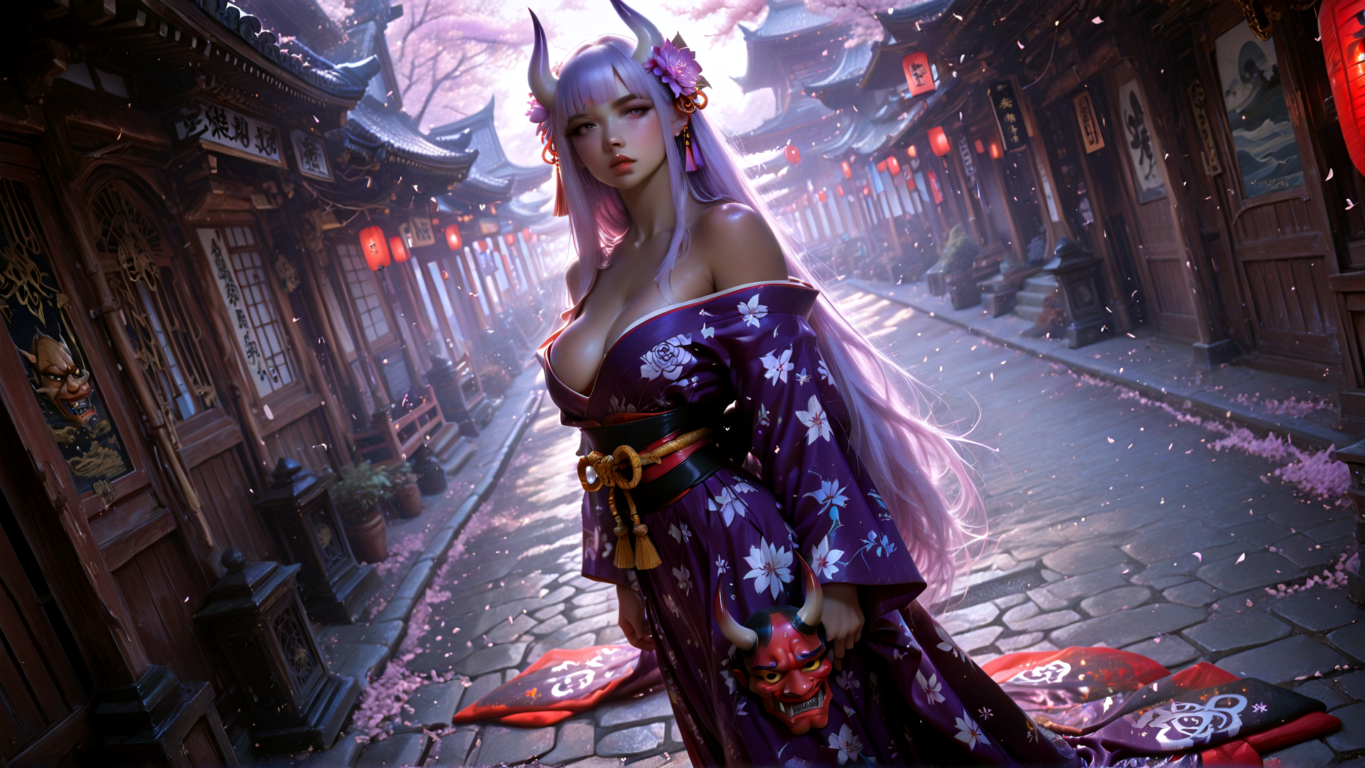 AI generated wallpaper featuring woman, kemonomimi, horn, kimono, cherry blossom, Japanese street, lantern, devil mask, traditional building, sakura