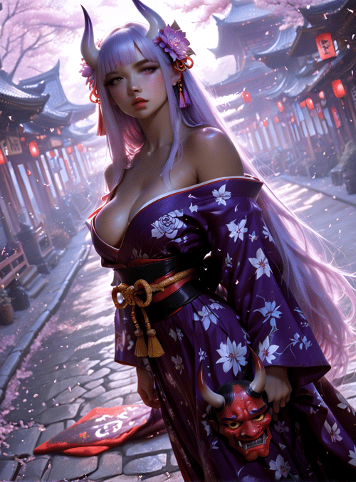 woman, kemonomimi, horn, kimono, cherry blossom, Japanese street, lantern, devil mask, traditional building, sakura