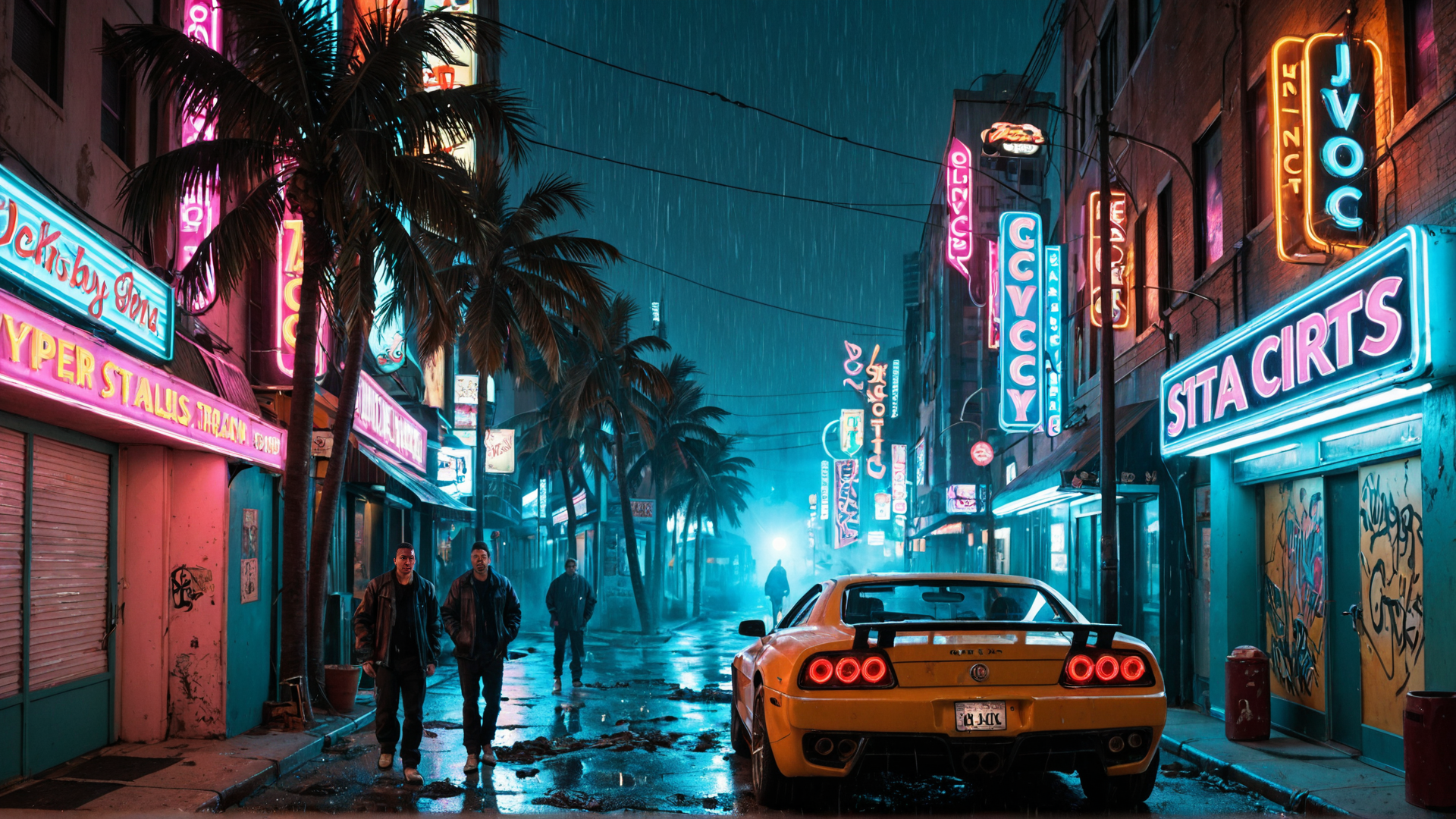 AI generated wallpaper featuring car, street, neon