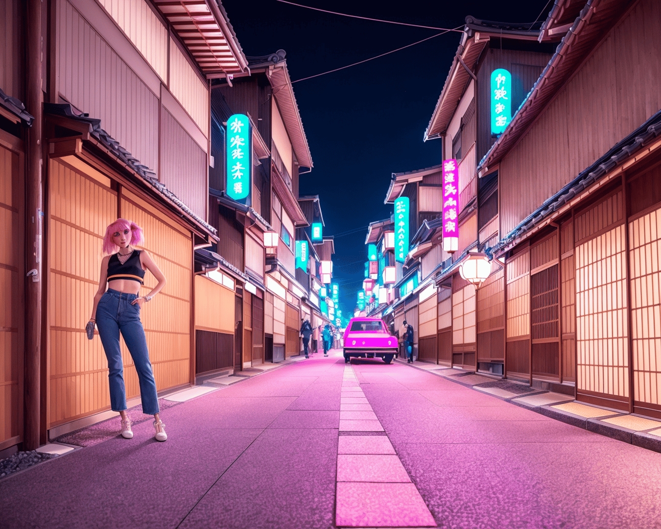 AI generated wallpaper featuring girl, street, car