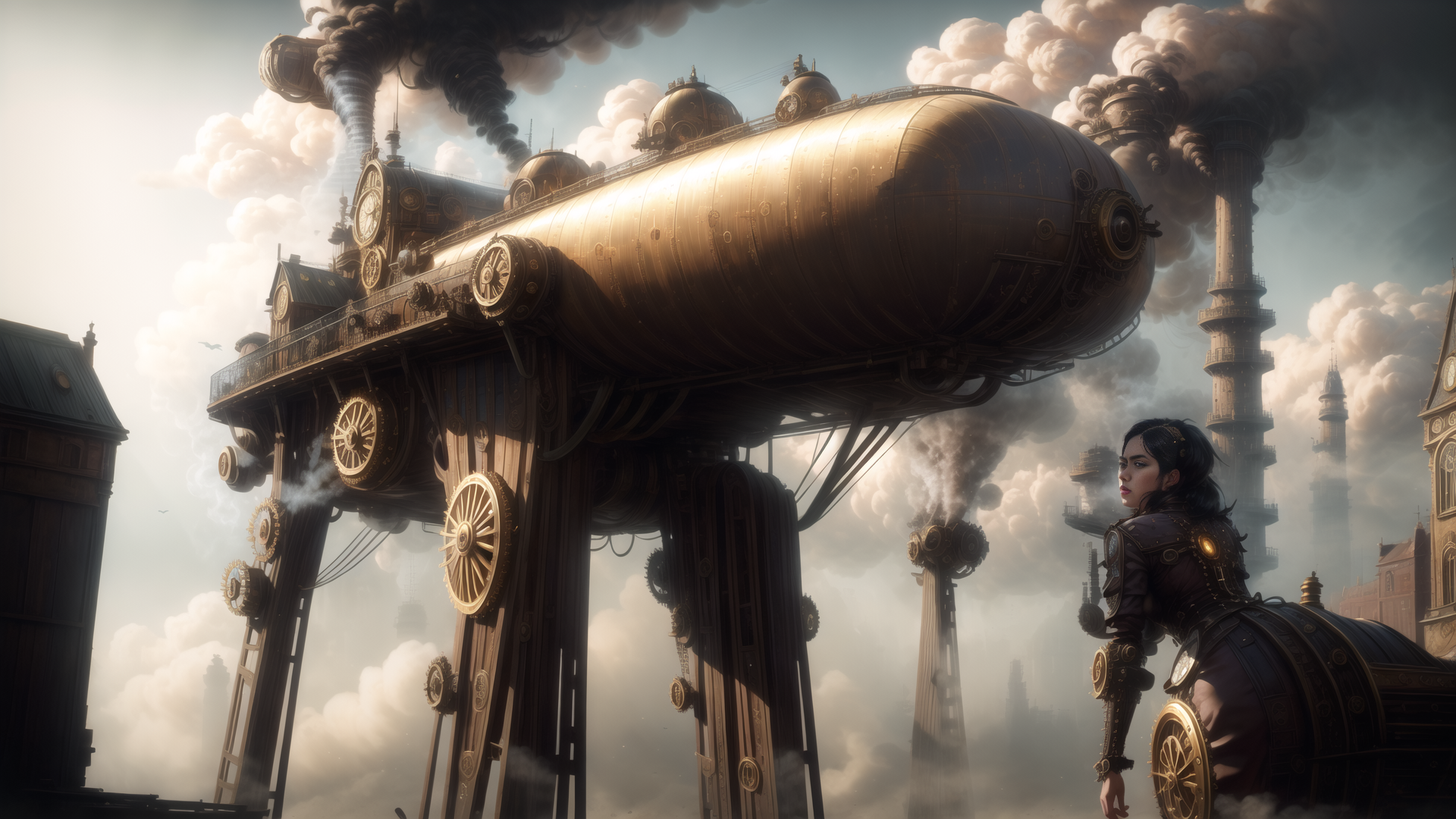 AI generated wallpaper featuring airship, woman, industrial city