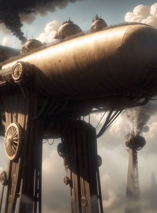 airship, woman, industrial city