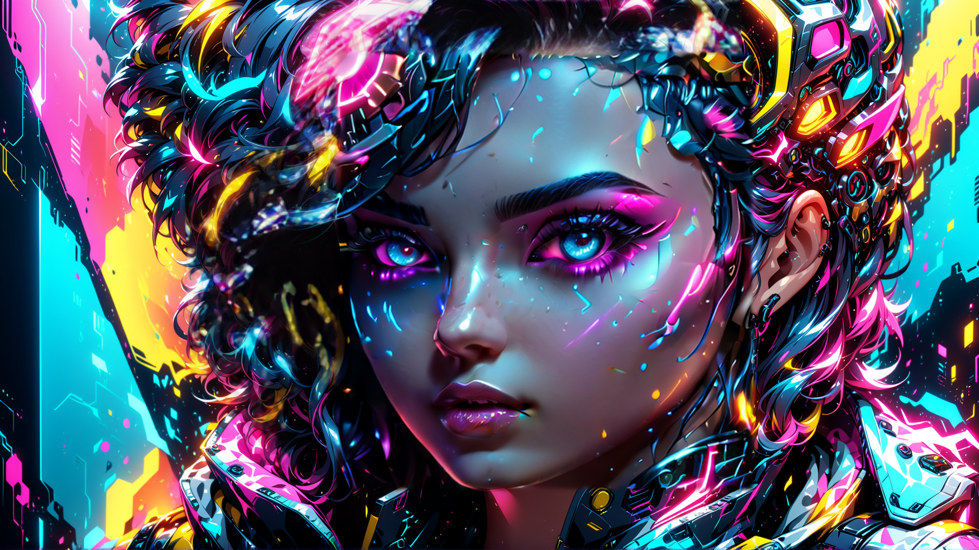 AI generated wallpaper featuring cybernetic, woman, neon