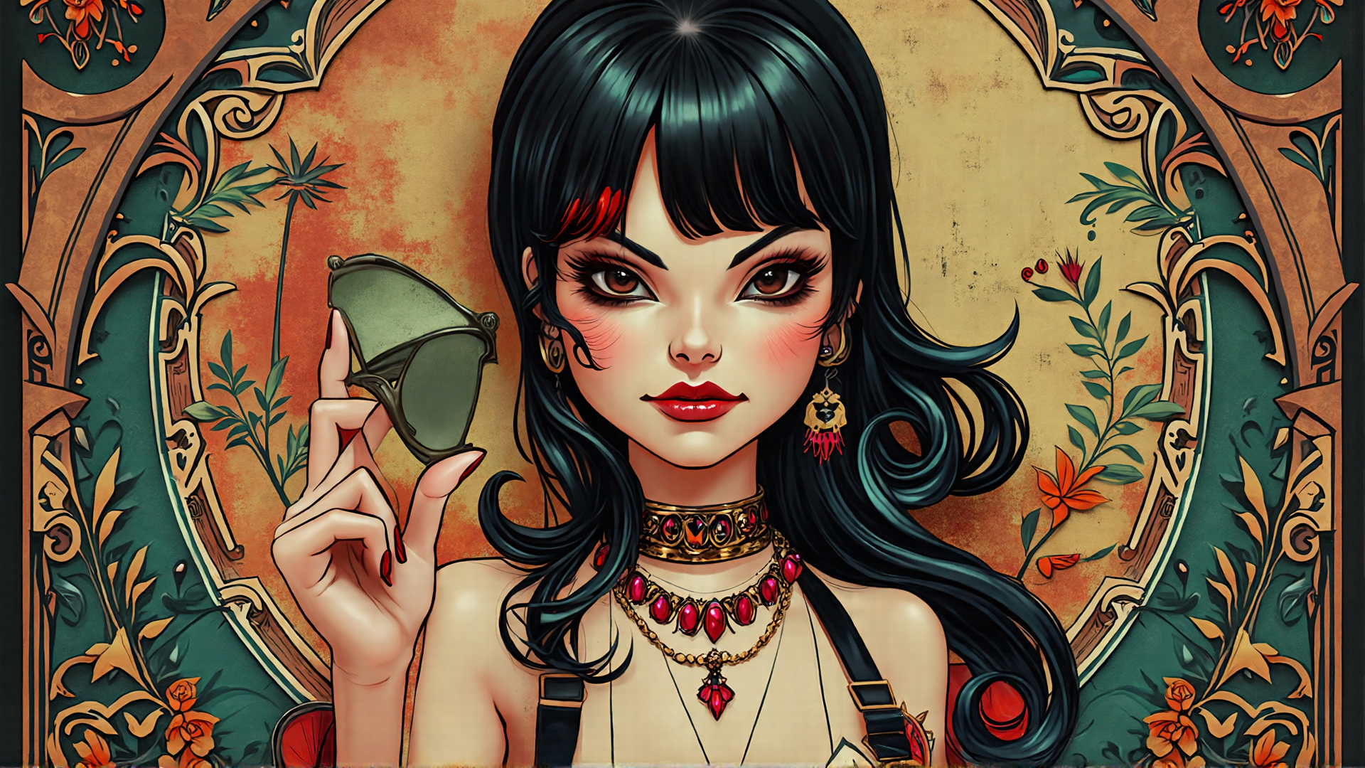 AI generated wallpaper featuring woman, glasses, choker, necklace, earrings, sunglasses, hair, jewelry, suspender, dress
