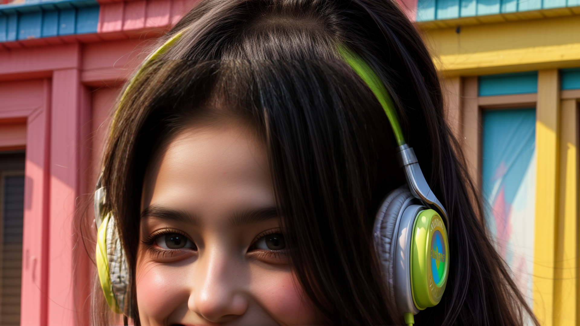 AI generated wallpaper featuring girl, headphones, building