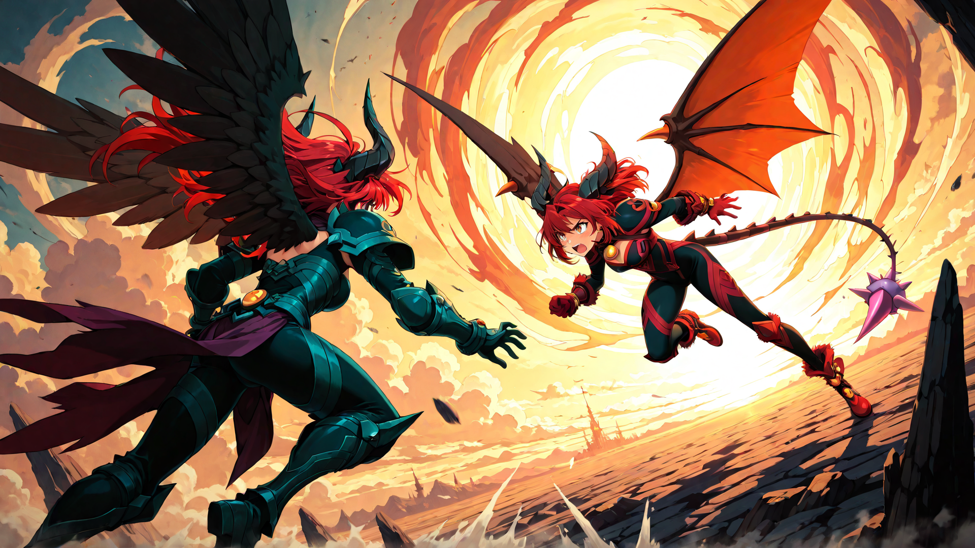AI generated wallpaper featuring dragon, warrior, wing, sword, goddess, armored, angel, female, flying, red hair