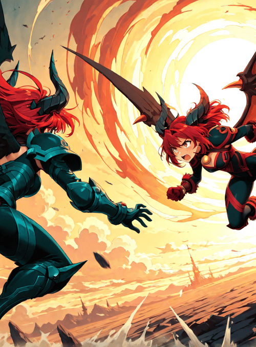 dragon, warrior, wing, sword, goddess, armored, angel, female, flying, red hair