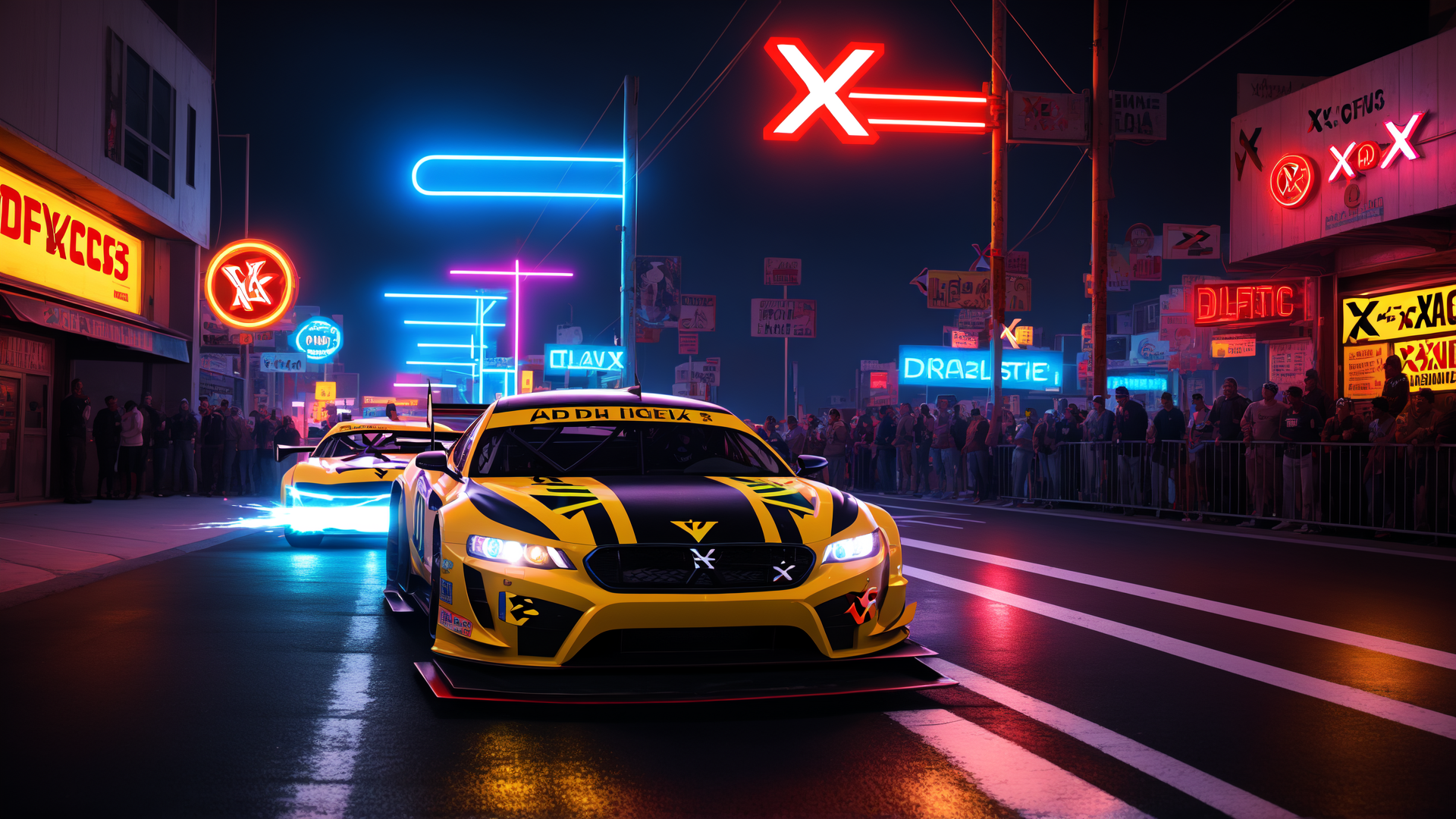 AI generated wallpaper featuring cars, neon signs, crowd, street, racing, buildings, signs