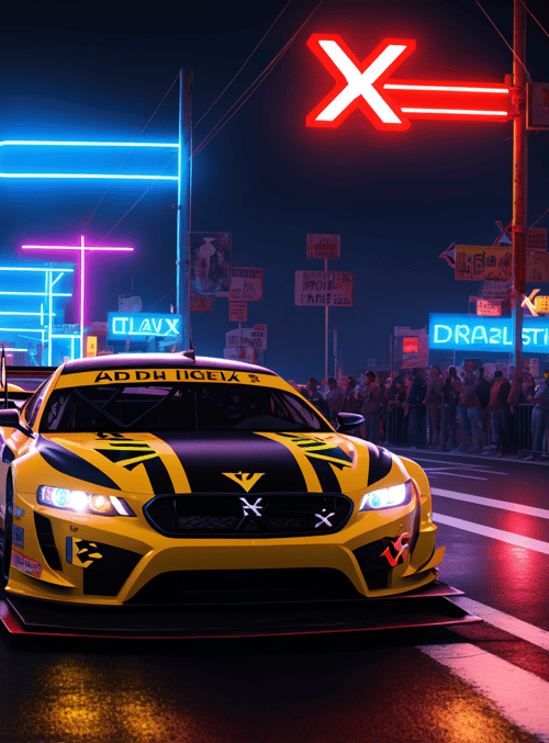 cars, neon signs, crowd, street, racing, buildings, signs
