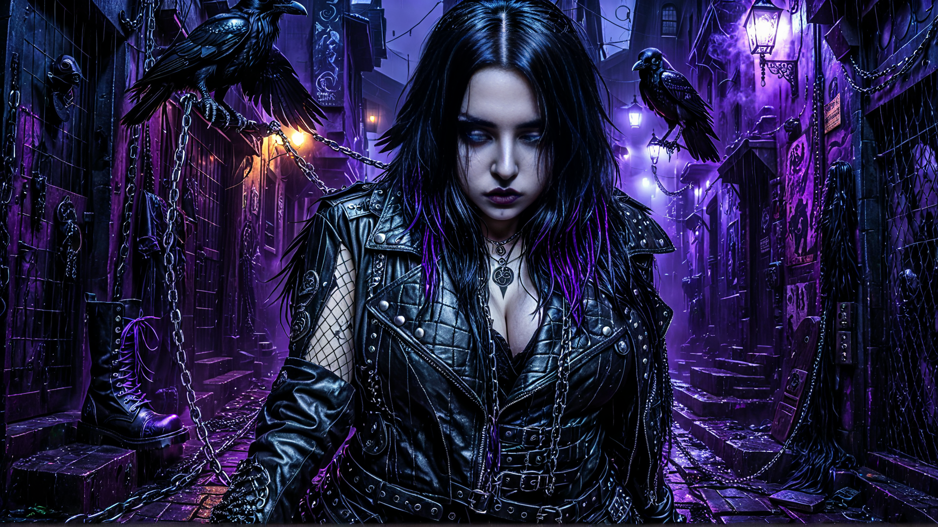 AI generated wallpaper featuring woman, ravens, chains