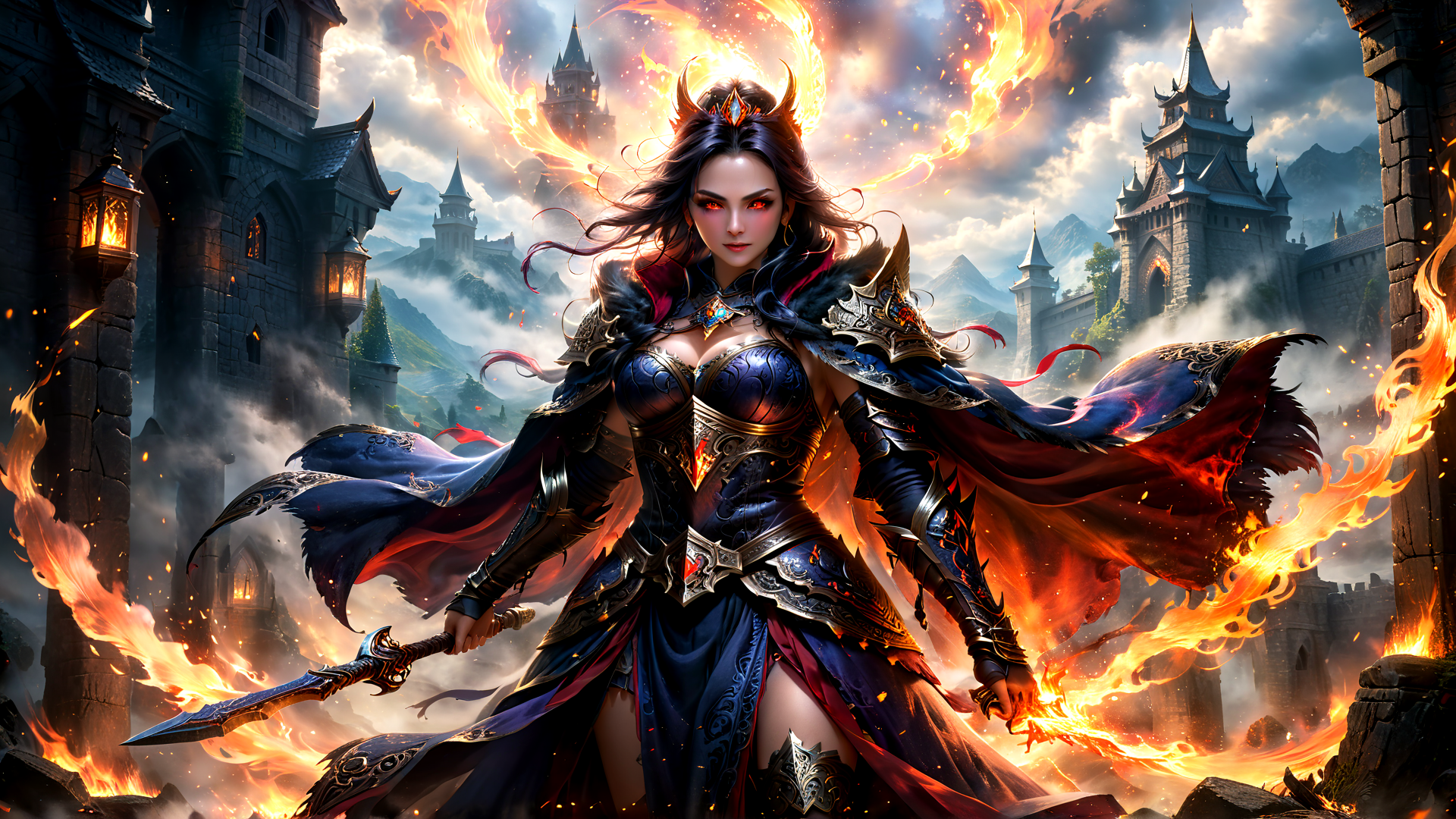 AI generated wallpaper featuring queen, warrior, castle, sword, flame, armor, dragon, goddess, crown, cape