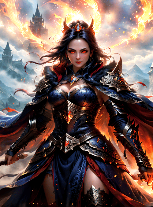 queen, warrior, castle, sword, flame, armor, dragon, goddess, crown, cape