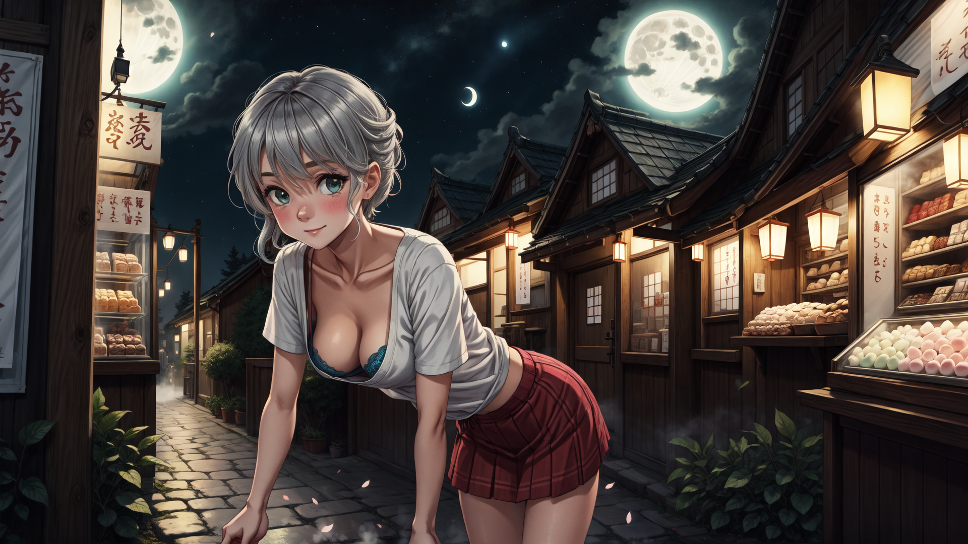 AI generated wallpaper featuring anime girl, moon, street, bakery, shop, night