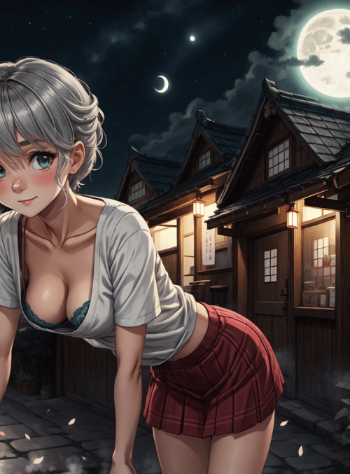 anime girl, moon, street, bakery, shop, night