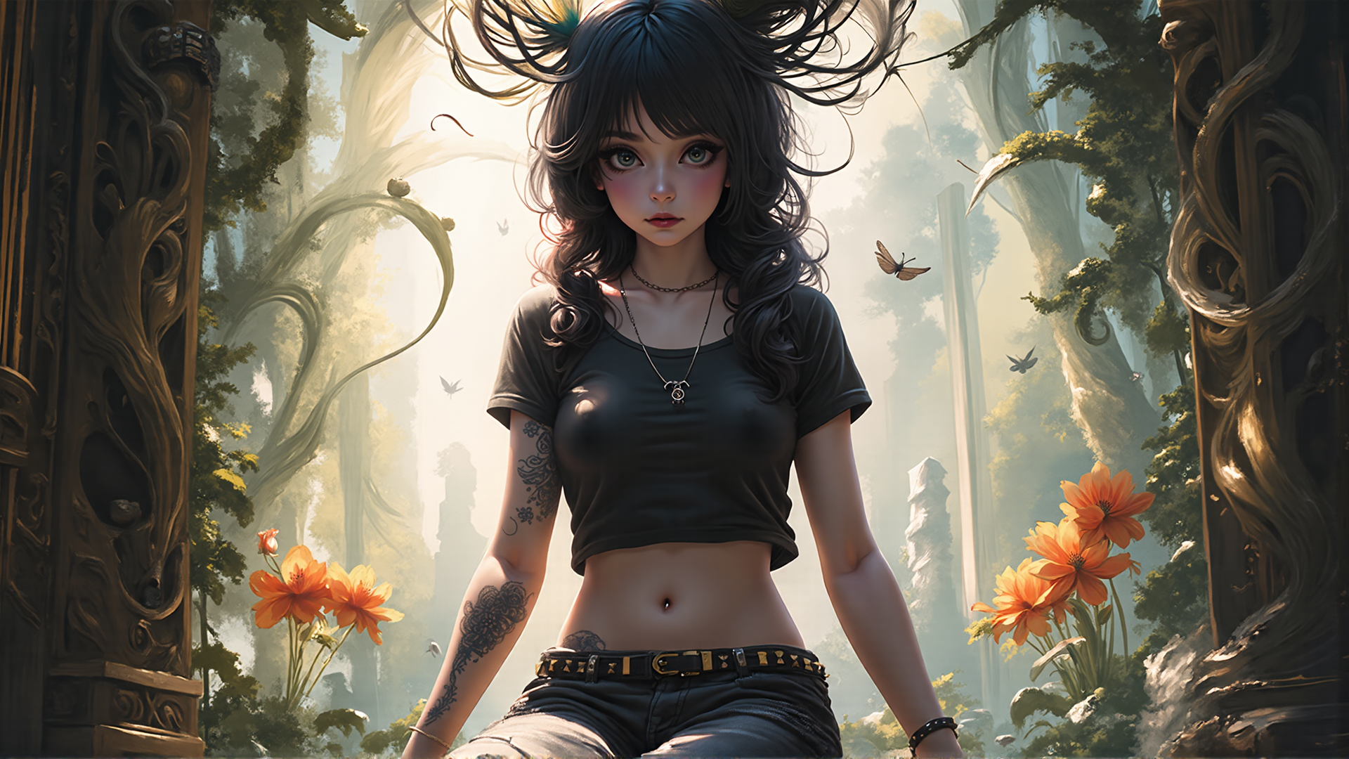 AI generated wallpaper featuring girl, tattoo, butterfly, flower, tree, door, fairy, sunlight, belt, nymph