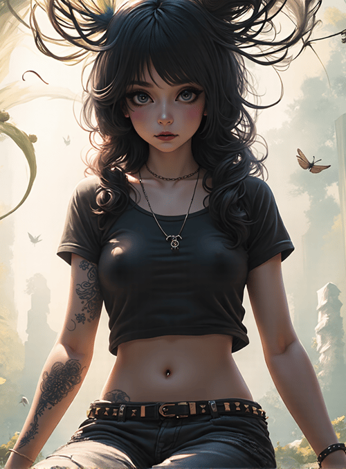 girl, tattoo, butterfly, flower, tree, door, fairy, sunlight, belt, nymph