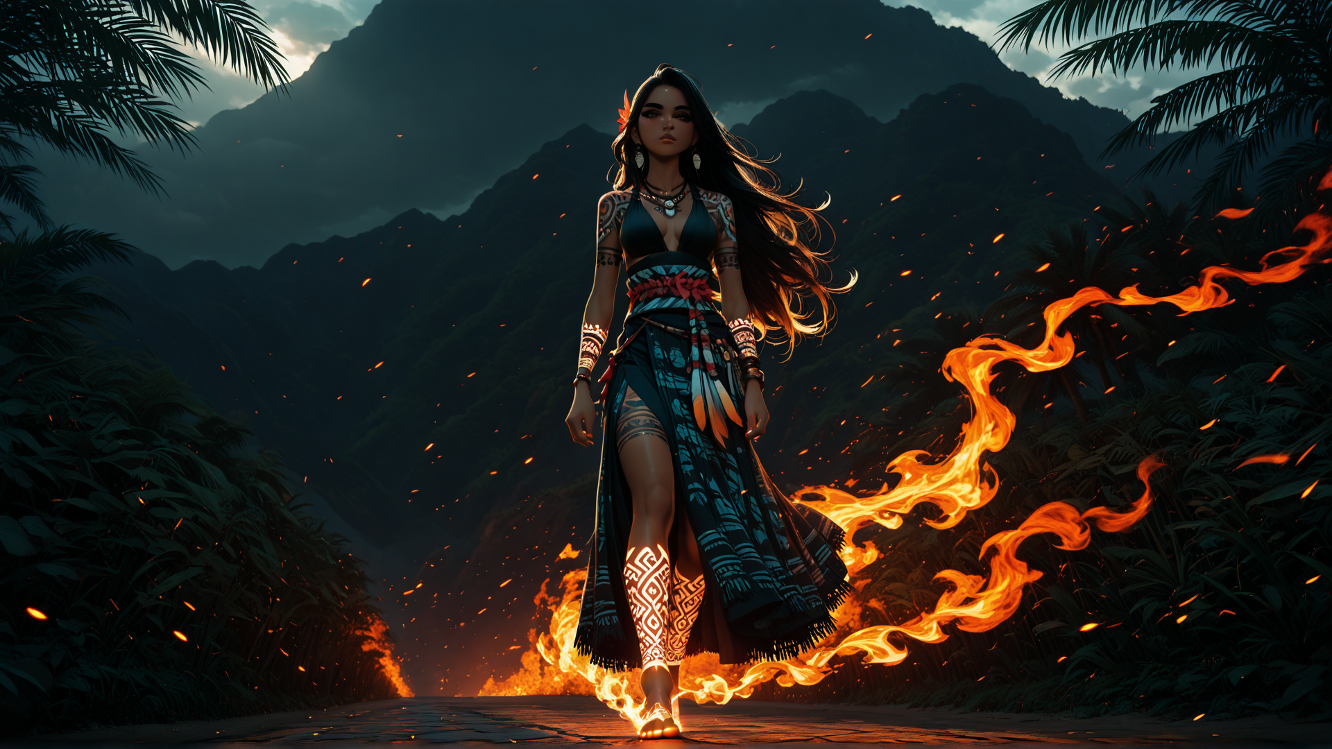 AI generated wallpaper featuring woman, fire, palm tree, mountain, tattoo, dress, spark, pathway, headdress, feather