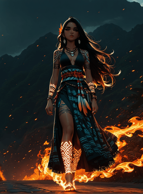 woman, fire, palm tree, mountain, tattoo, dress, spark, pathway, headdress, feather