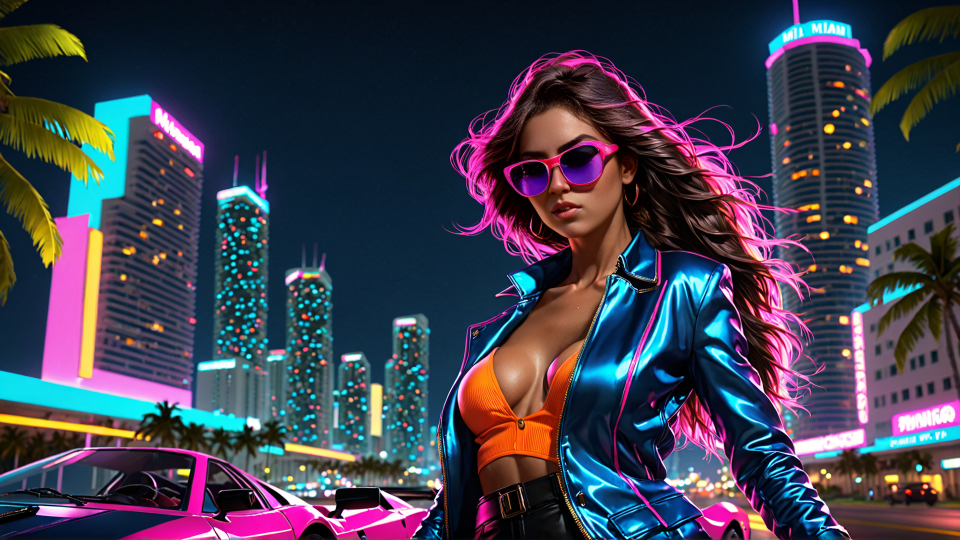 AI generated wallpaper featuring woman, cityscape, sports car