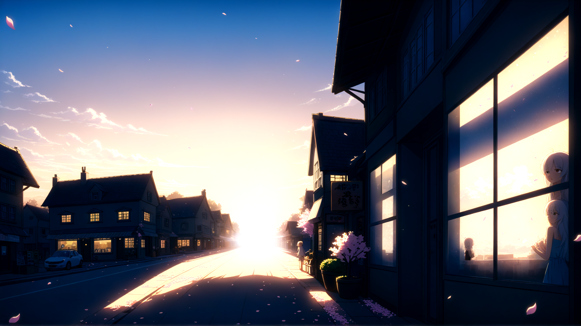 AI generated wallpaper featuring street, anime characters, houses