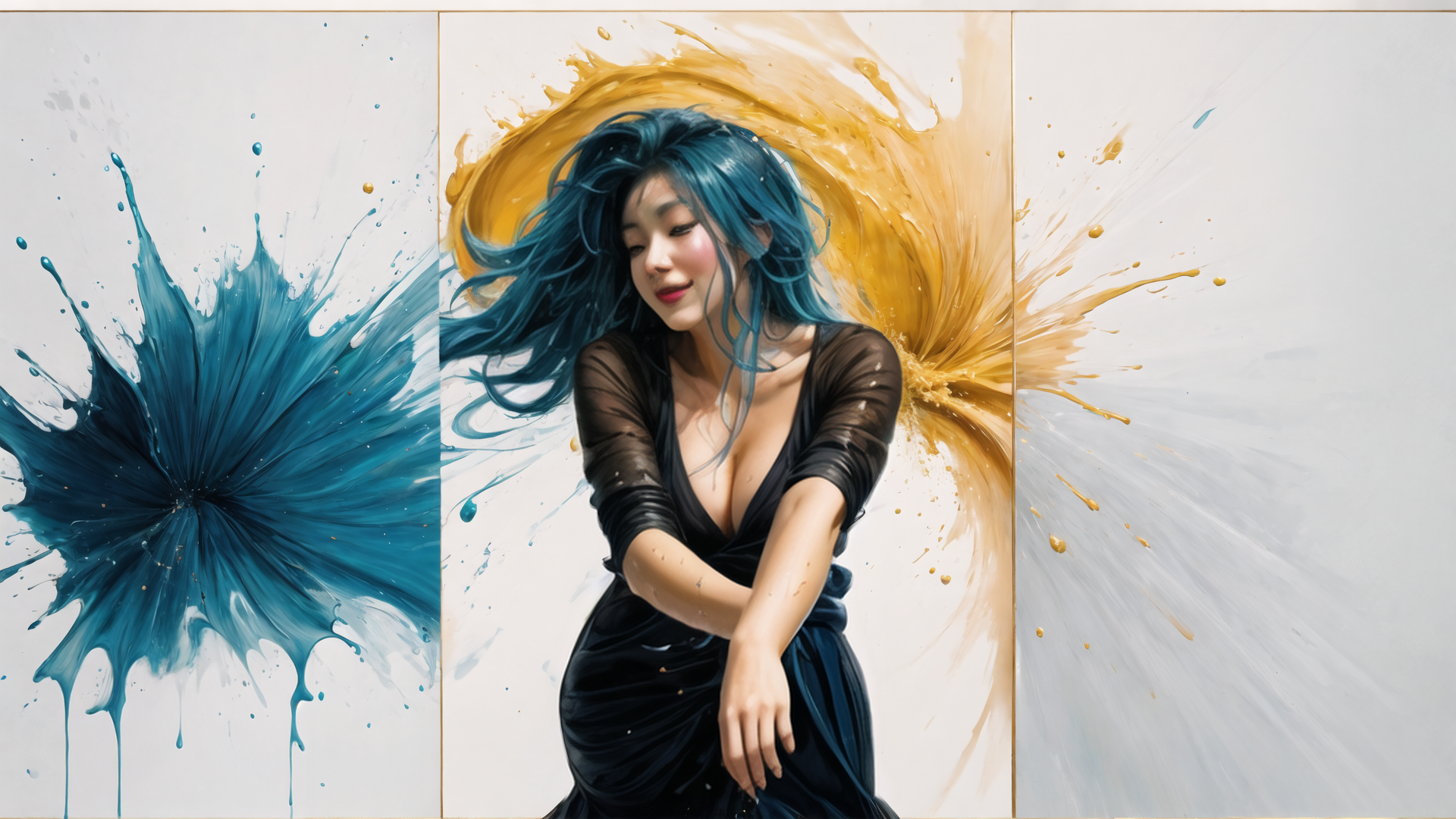 AI generated wallpaper featuring woman, hair, paint, dress, splotch