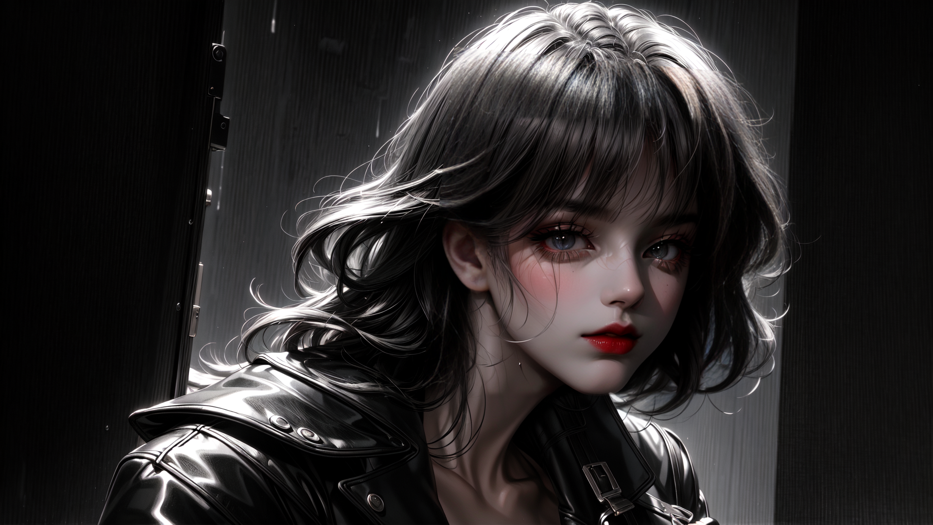 AI generated wallpaper featuring woman, leather jacket, hair