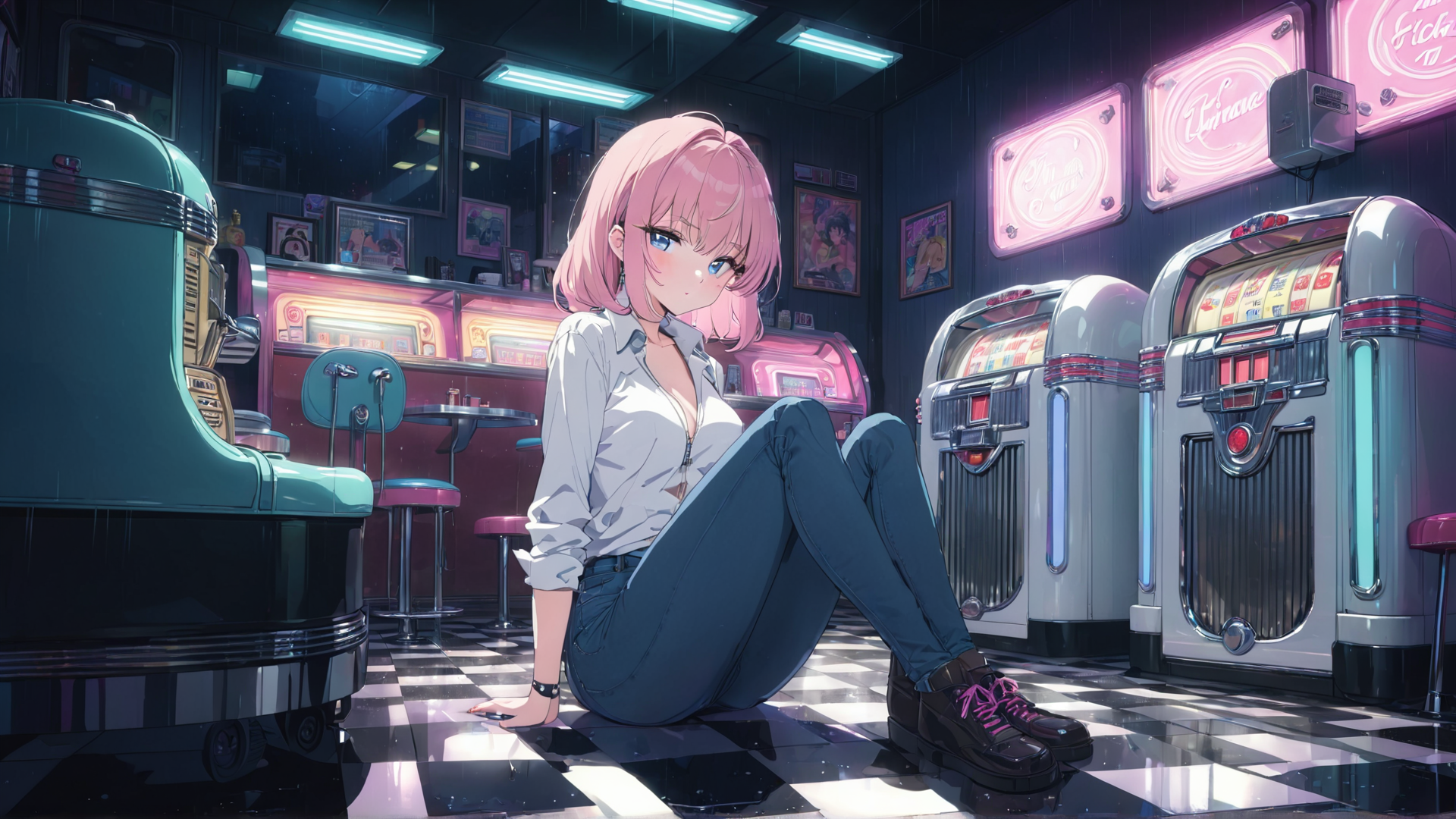 AI generated wallpaper featuring girl, diner, jukebox