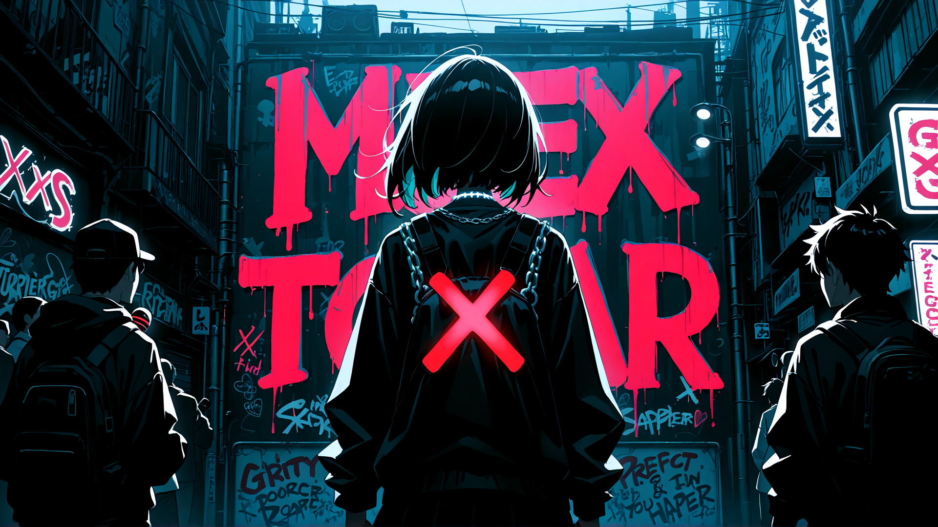 AI generated wallpaper featuring person, urban, sign, chain, backpack, graffiti