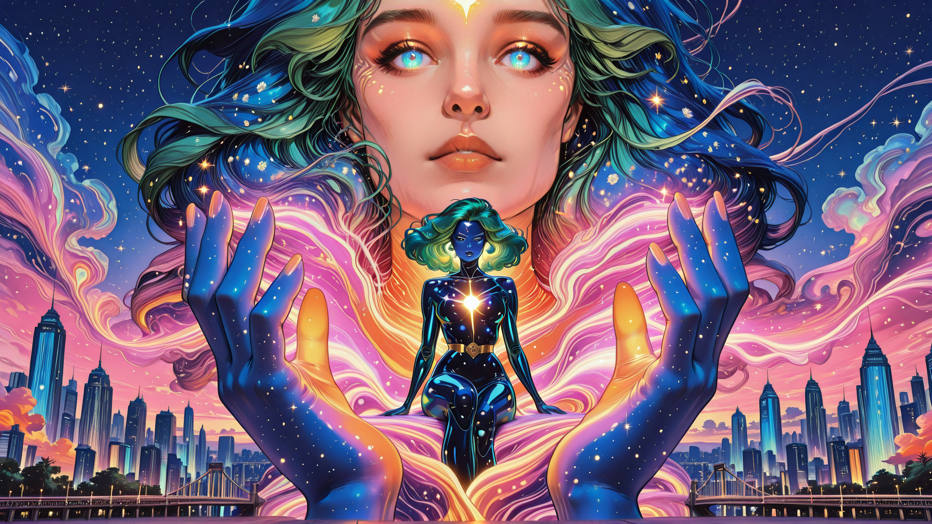 AI generated wallpaper featuring woman, hands, cityscape, stars, hair, cosmic figure