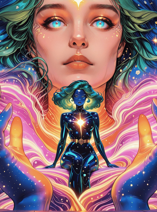 woman, hands, cityscape, stars, hair, cosmic figure