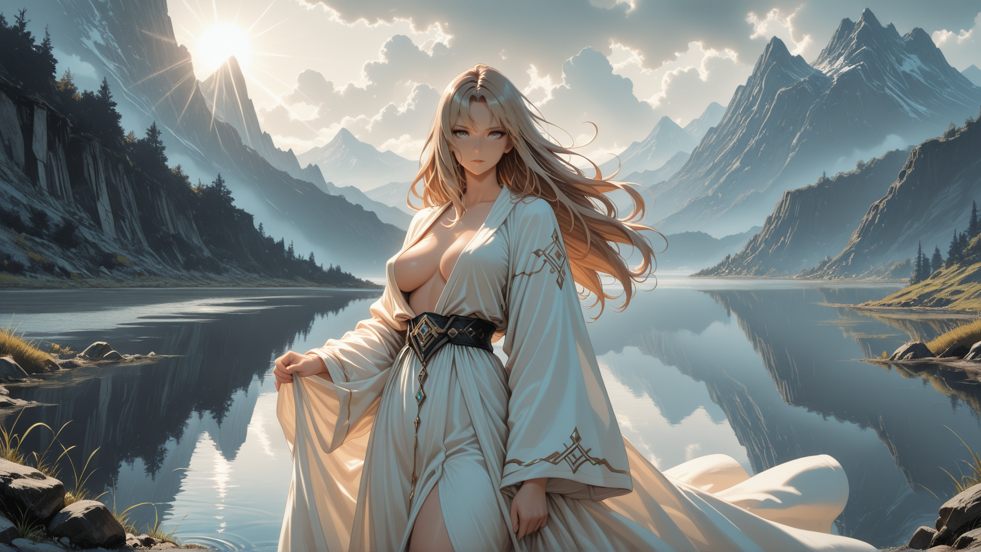 AI generated wallpaper featuring woman, mountains, lake, sunset, sun, clouds, trees, robes, belt, reflection