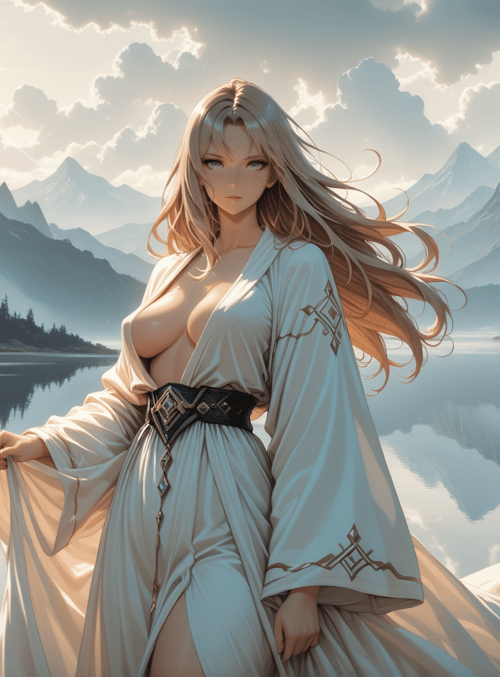 woman, mountains, lake, sunset, sun, clouds, trees, robes, belt, reflection