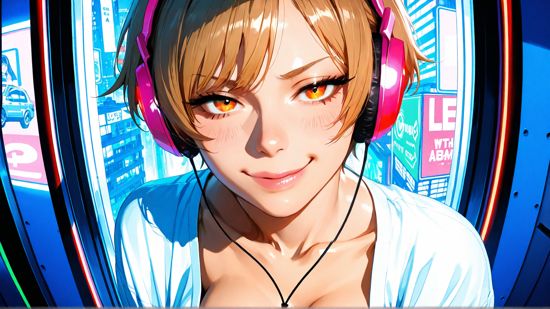 AI generated wallpaper featuring girl, headphones, cityscape, neon lights, shirt, necklace, building, billboard, car, window