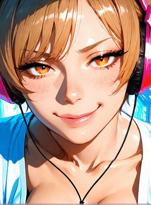 girl, headphones, cityscape, neon lights, shirt, necklace, building, billboard, car, window