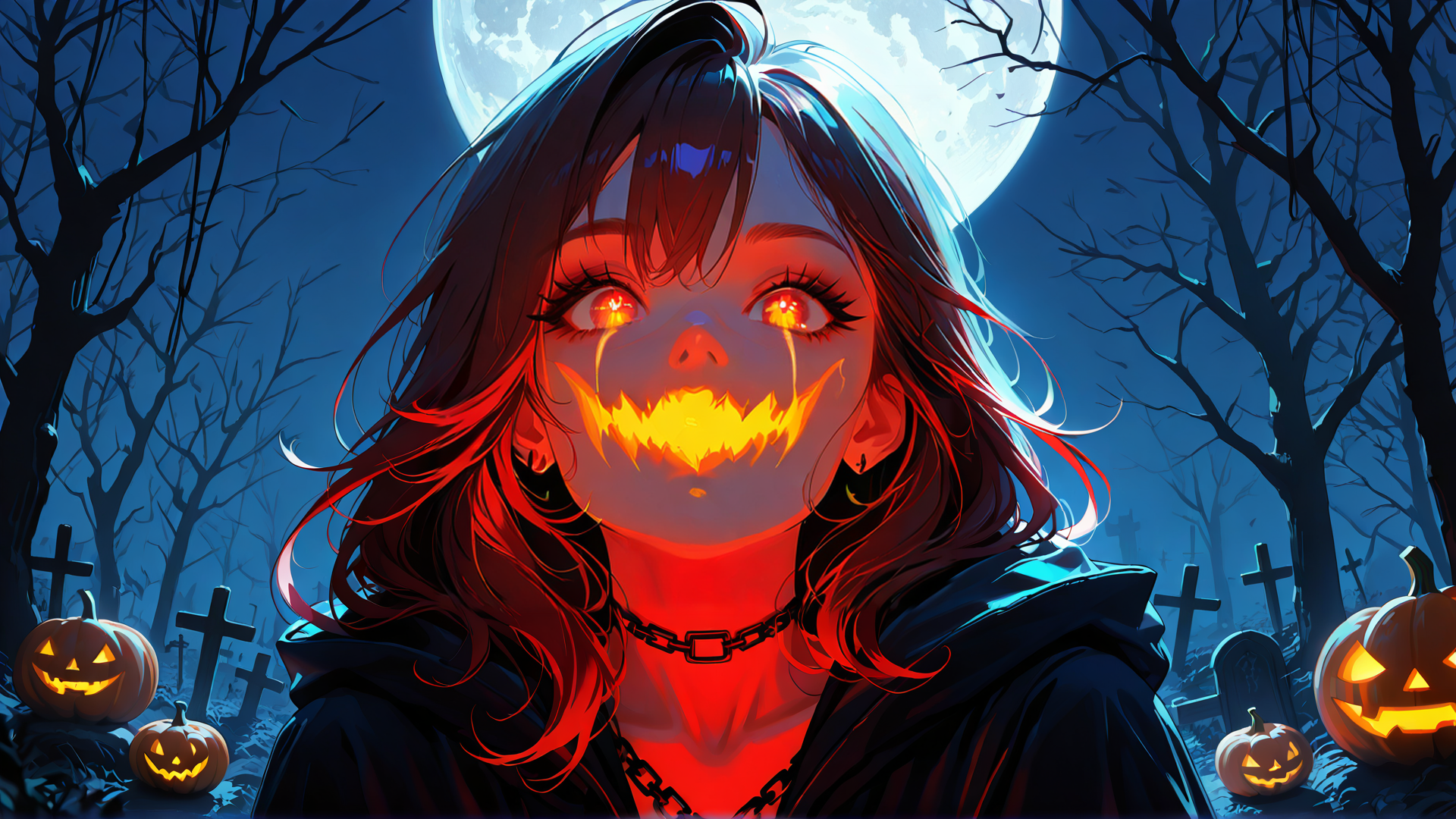 AI generated wallpaper featuring girl, pumpkin, moon, trees, cemetery, hood, chain