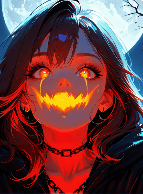 girl, pumpkin, moon, trees, cemetery, hood, chain